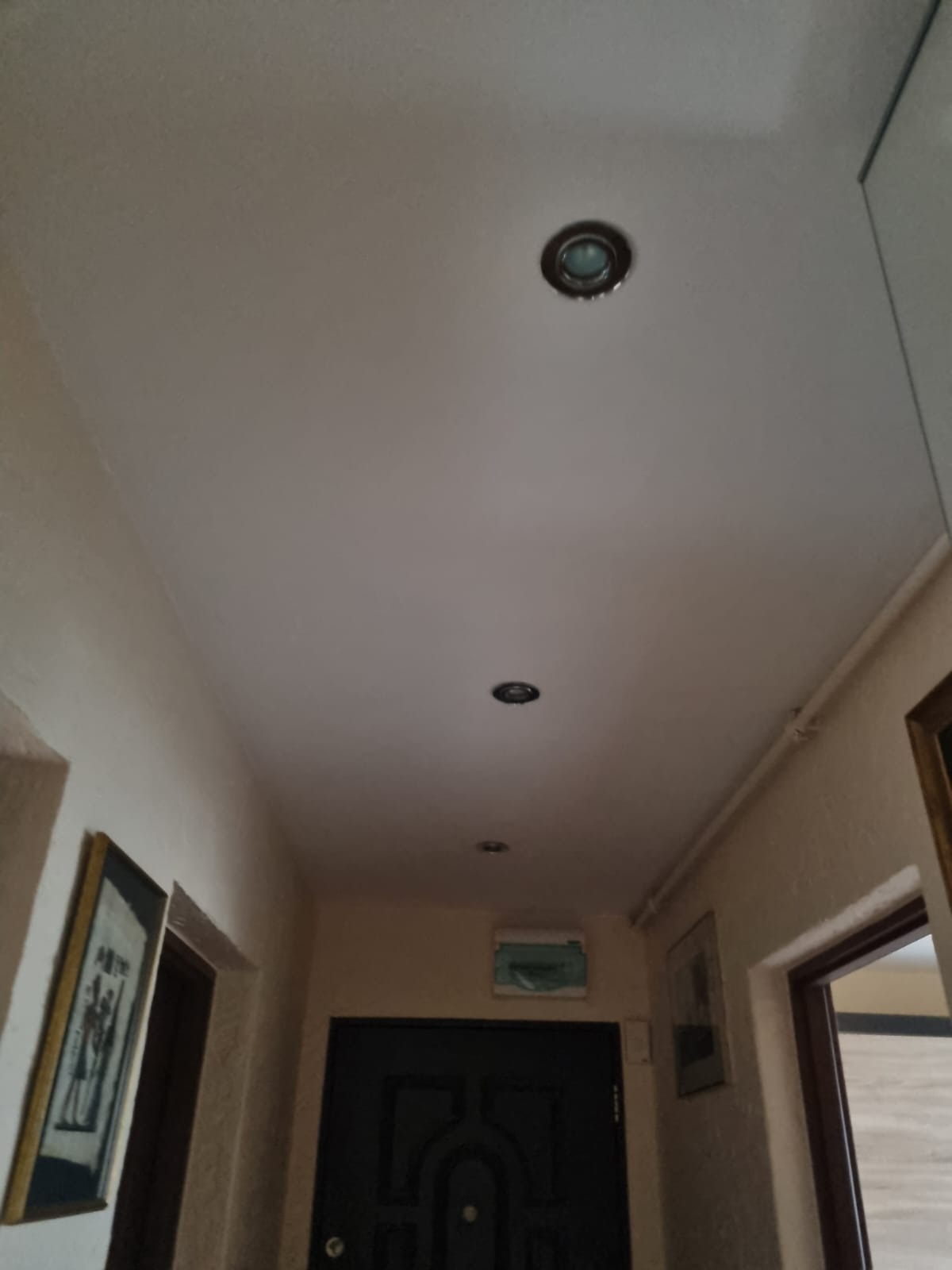 Korytarz z gładkim, pomalowanym sufitem z trzema okrągłymi oprawami oświetleniowymi wpuszczonymi w sufit, widoczne drzwi wejściowe i fragmenty ścian z obrazami.