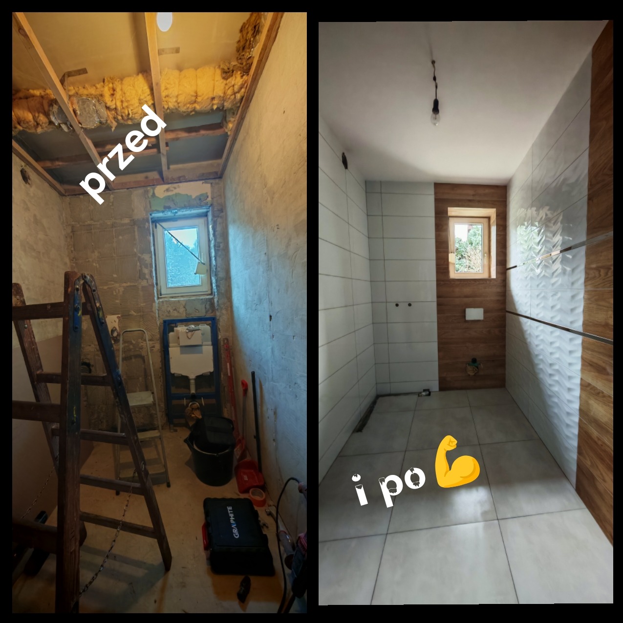 Porównanie stanu łazienki przed i po remoncie: po lewej surowy stan z odsłoniętą instalacją, po prawej wykończona łazienka z białymi i drewnopodobnymi płytkami, oraz oknem w drewnianej ramie.