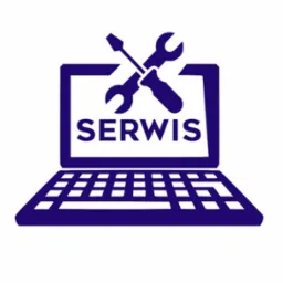 Niebieski ikoniczny rysunek laptopa z napisem 'SERWIS' i narzędziami (śrubokręt i klucz) skrzyżowanymi nad ekranem.