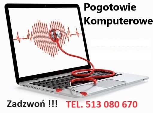 Laptop z wyświetlonym wykresem EKG w kształcie serca i czerwonym stetoskopem, obok numer telefonu do pogotowia komputerowego.