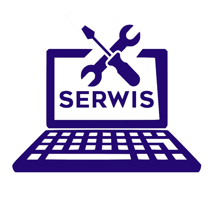Niebieski ikoniczny rysunek laptopa z napisem 'SERWIS' i narzędziami (śrubokręt i klucz) skrzyżowanymi nad ekranem.