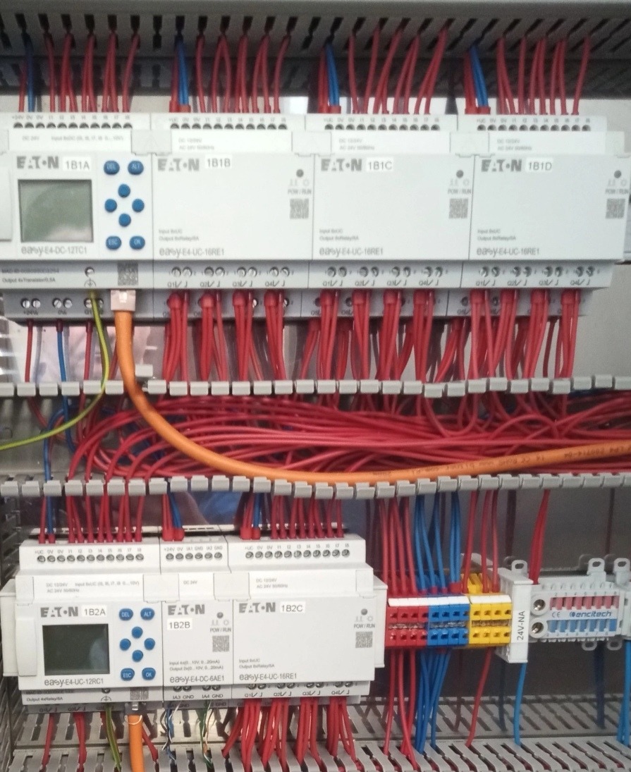 Szafa sterownicza z modułami Eaton Easy E4, okablowana przewodami w kolorach czerwonym, niebieskim i pomarańczowym. Widoczne złącza i oznaczenia modułów.