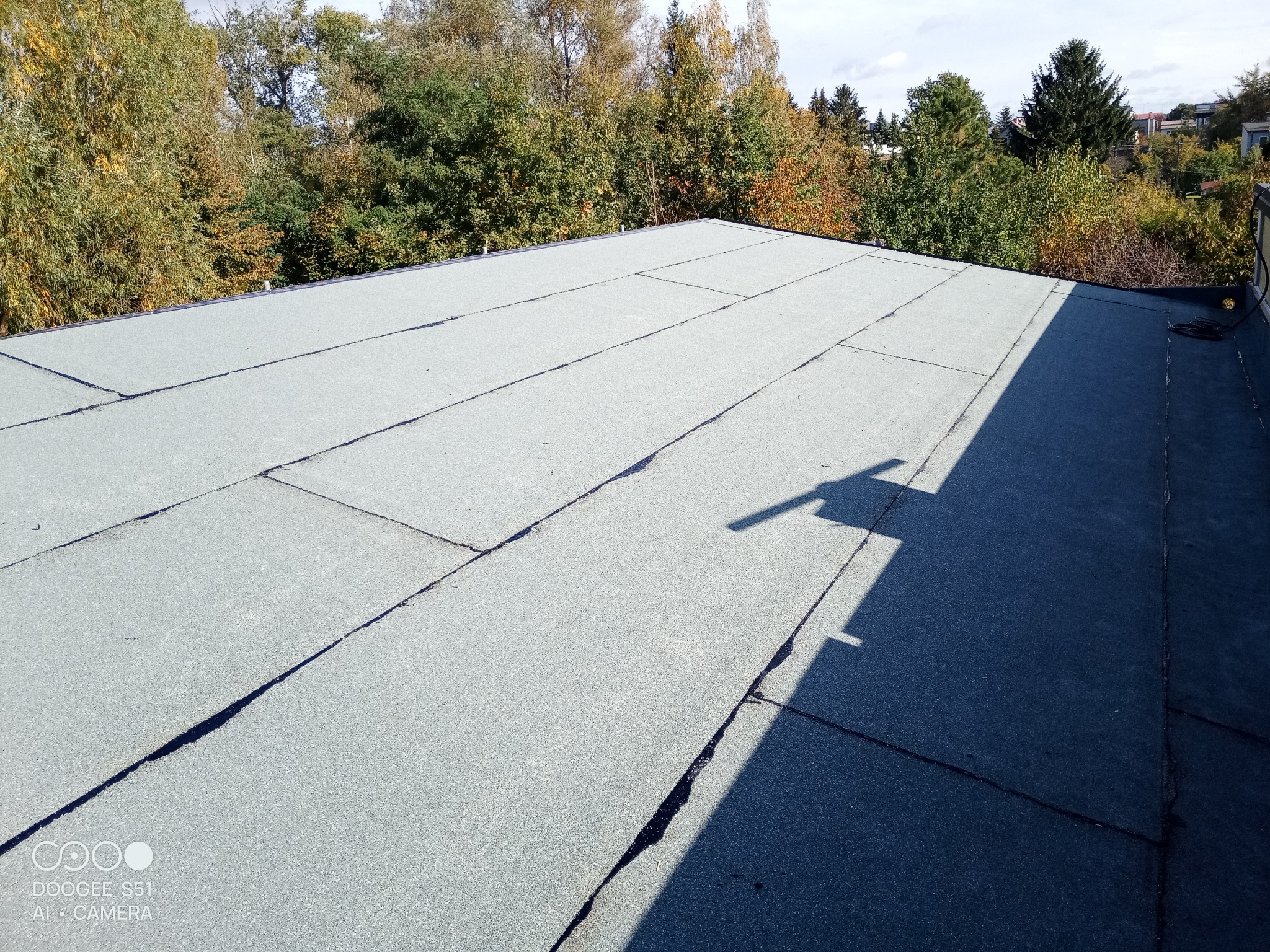Płaski dach pokryty papą termozgrzewalną w odcieniach szarości, widok z góry. W tle drzewa i fragment zabudowy. Cień na dachu.