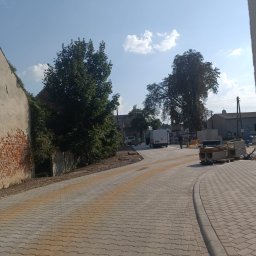SVOT Viktor Stepanov - Nowo ułożona kostka brukowa w kształcie fali na drodze wiejskiej, z widocznymi śladami piasku, obrzeżami i zaparkowanym busem w tle, w słoneczny dzień.