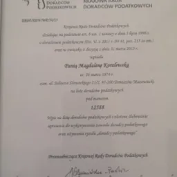 Skan dokumentu potwierdzającego wpis na listę doradców podatkowych Pani Magdaleny Koralewskiej, wydany przez Krajową Radę Doradców Podatkowych w Warszawie, dnia 17 kwietnia 2015 r., z podpisem...