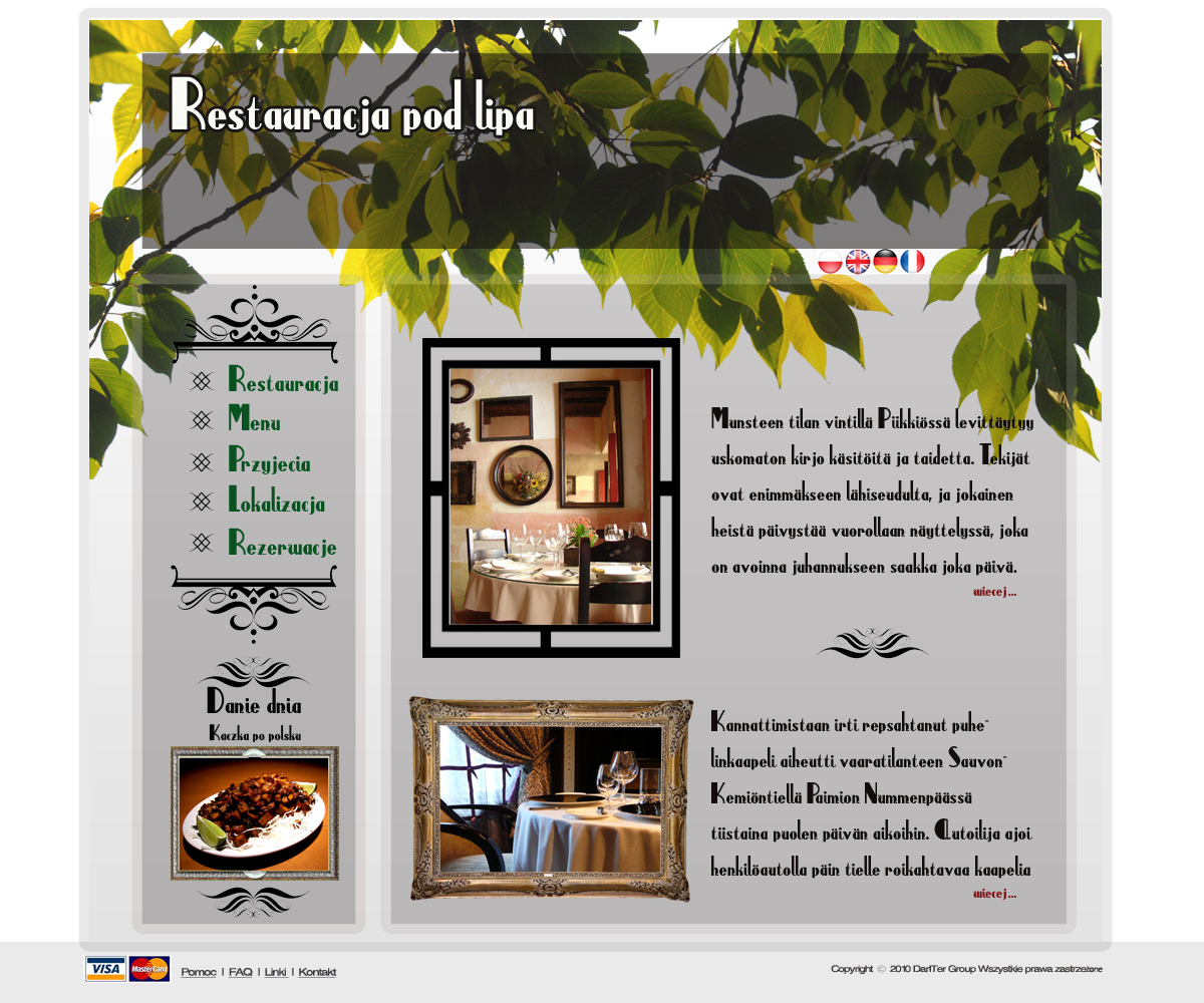Projekt strony internetowej restauracji z elementami graficznymi liści, menu i zdjęć dań w ozdobnych ramkach.