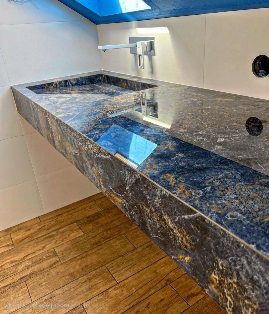 Nowoczesna łazienka z blatem umywalkowym z ciemnego marmuru z złotymi żyłkami, drewniana podłoga, minimalistyczna bateria umywalkowa.