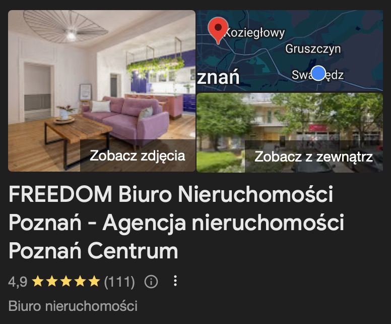 Prezentacja biura nieruchomości Freedom z Poznania: wnętrze mieszkania z fioletową sofą, mapa lokalizacji i widok budynku z zewnątrz. Agencja nieruchomości Poznań Centrum.