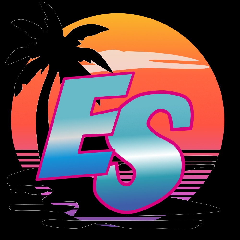 Retro logo z palmą na tle zachodzącego słońca, stylizowane na lata 80., z gradientowymi literami ES obrysowanymi różem.