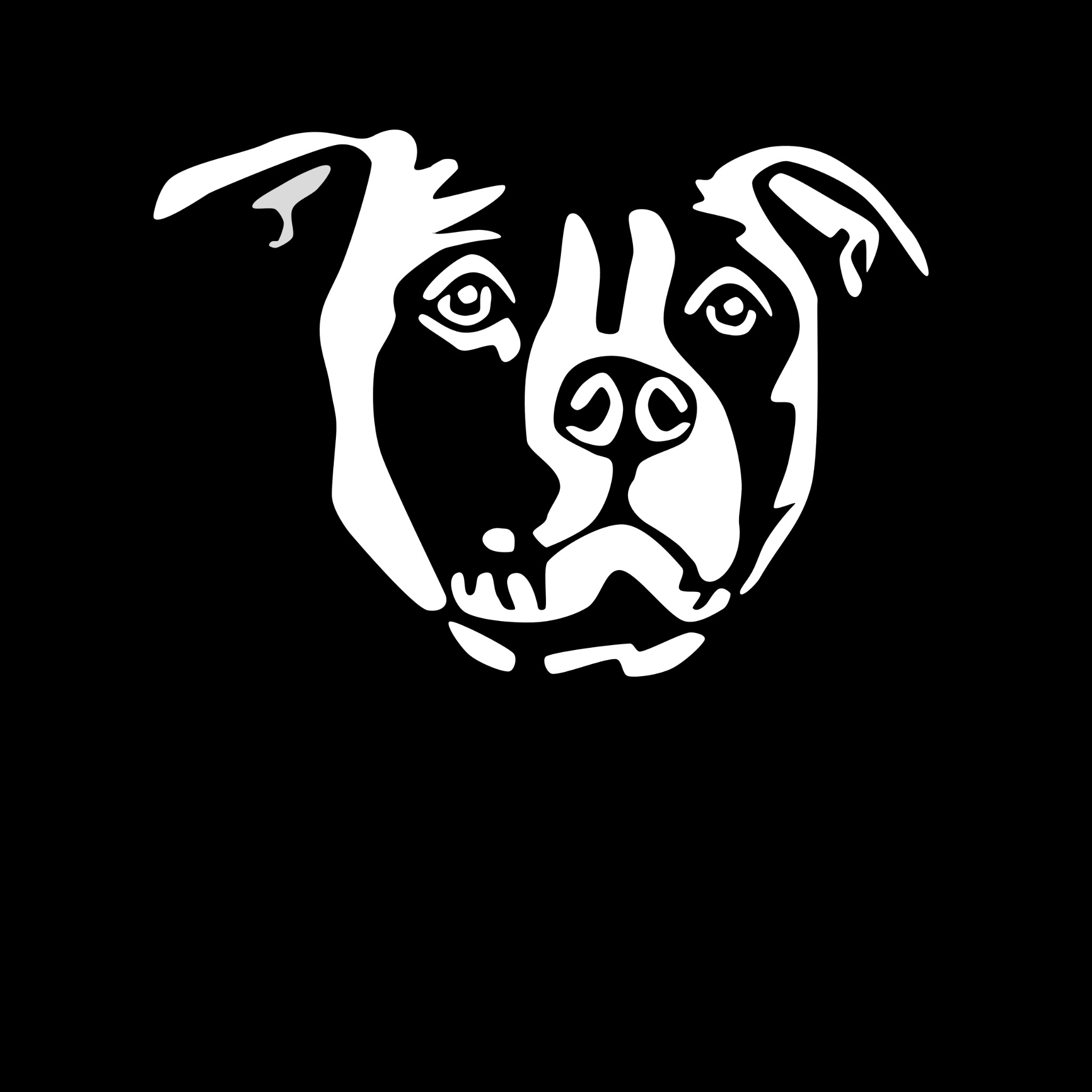 Grafika wektorowa przedstawiająca głowę psa rasy pitbull w kolorach czarno-białych z wyraźnymi konturami, na jednolitym czarnym tle.