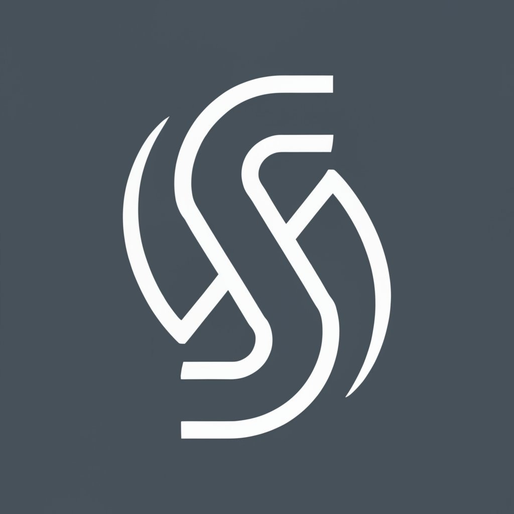 Minimalistyczne logo w kolorze białym na szarym tle, przedstawiające splecione litery, tworzące abstrakcyjny, symetryczny symbol.