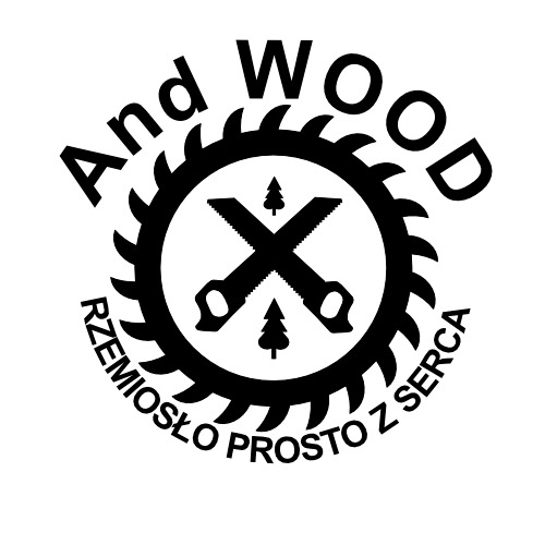 Czarno-białe logo firmy 'And Wood' z motywem piły tarczowej, skrzyżowanych pił ręcznych i stylizowanych drzewek iglastych, otoczone napisem 'RZEMIOSŁO PROSTO Z SERCA'.