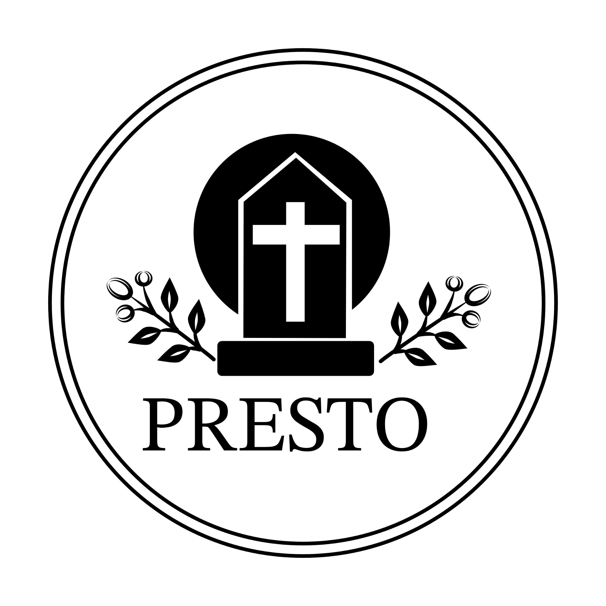 Czarno-białe logo z motywem nagrobka z krzyżem na tle okręgu, ozdobione gałązkami z owocami i napisem PRESTO w dolnej części, umieszczone w podwójnym okręgu.