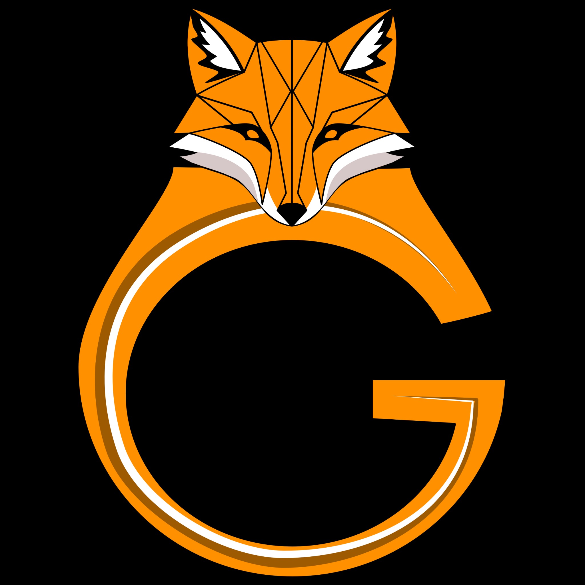 Geometryczny lis w pomarańczowych odcieniach, stylizowany na literę 'G' na czarnym tle.