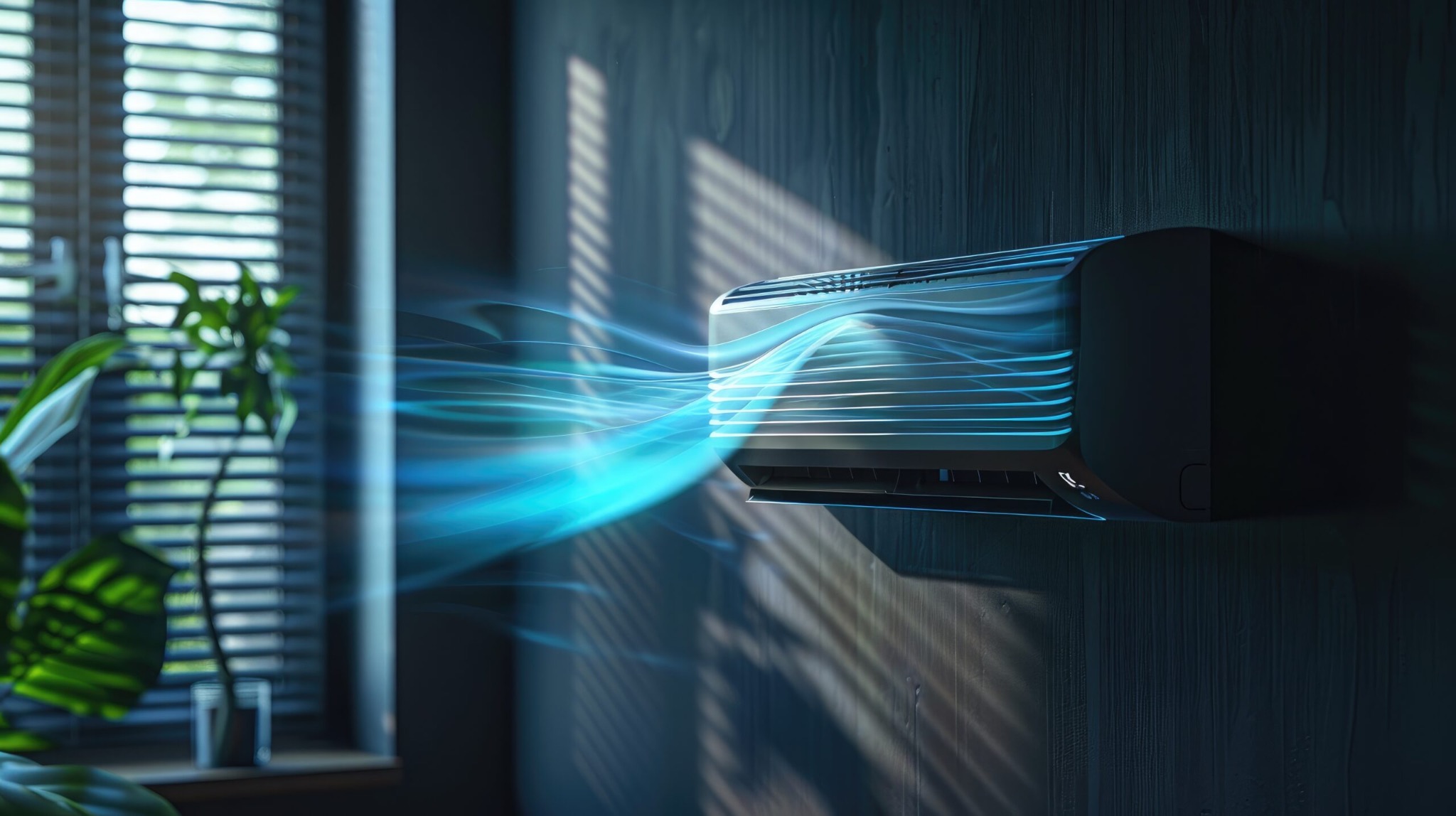 Nowoczesny, czarny klimatyzator ścienny w ciemnym pomieszczeniu, z widocznymi strumieniami chłodnego powietrza, roślina w tle.
