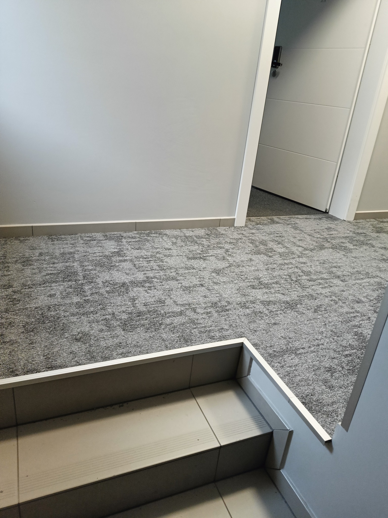 Szara, wzorzysta wykładzina dywanowa w korytarzu, widok z góry schodów wykończonych płytkami ceramicznymi. W tle białe drzwi.