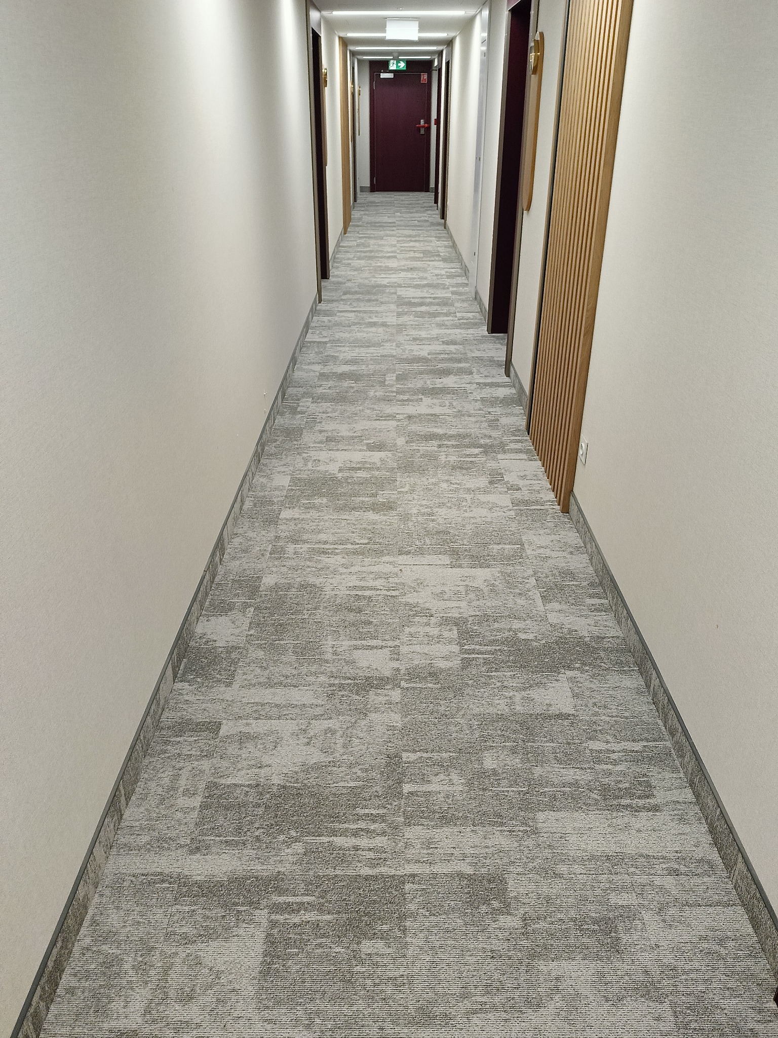 Długi korytarz z szarą wykładziną dywanową w neutralnych odcieniach, drzwi po obu stronach, widok perspektywiczny.