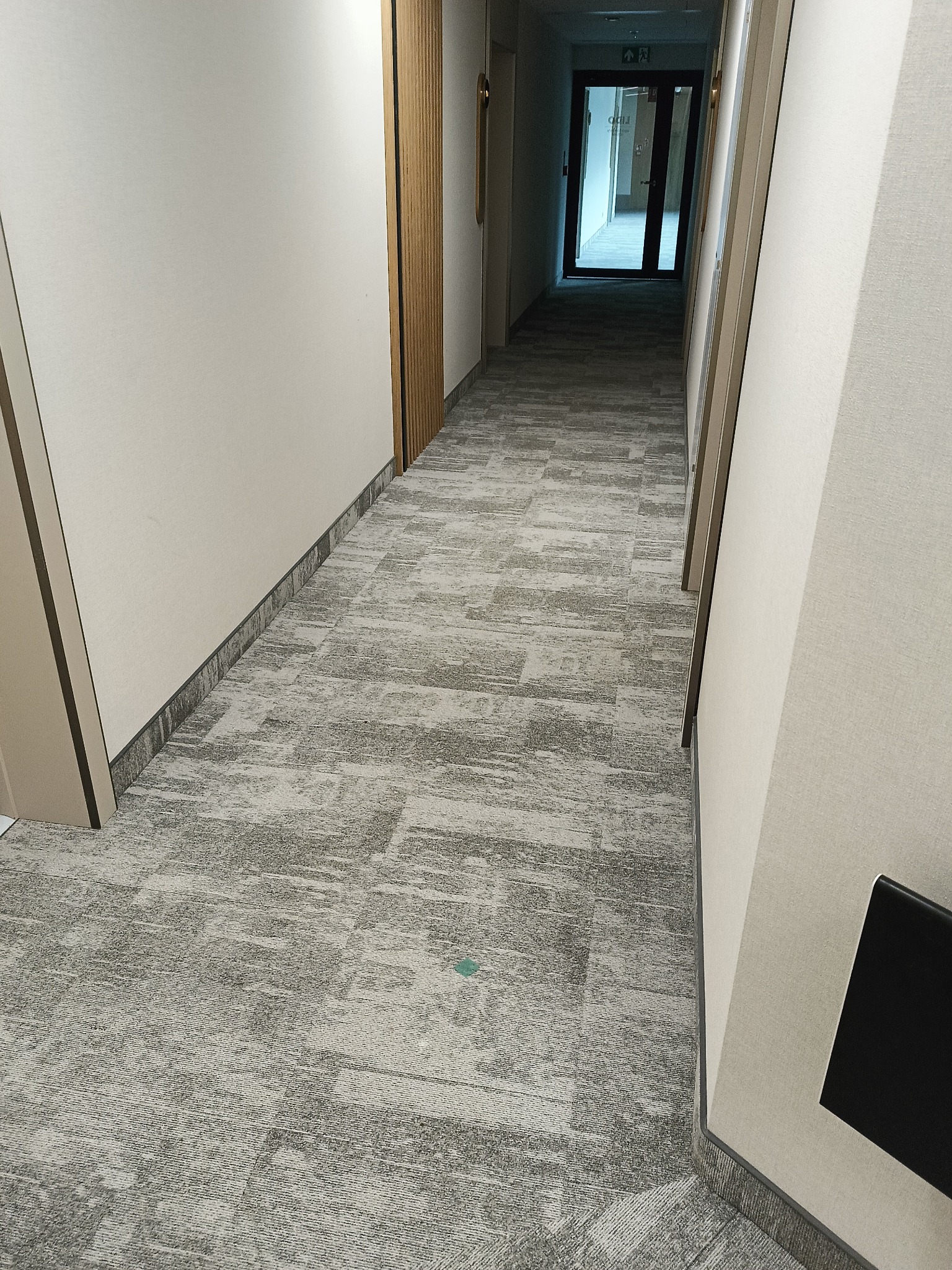 Długi korytarz wyłożony szarą wykładziną w geometryczny wzór, widok w perspektywie z widocznym wyjściem ewakuacyjnym na końcu.