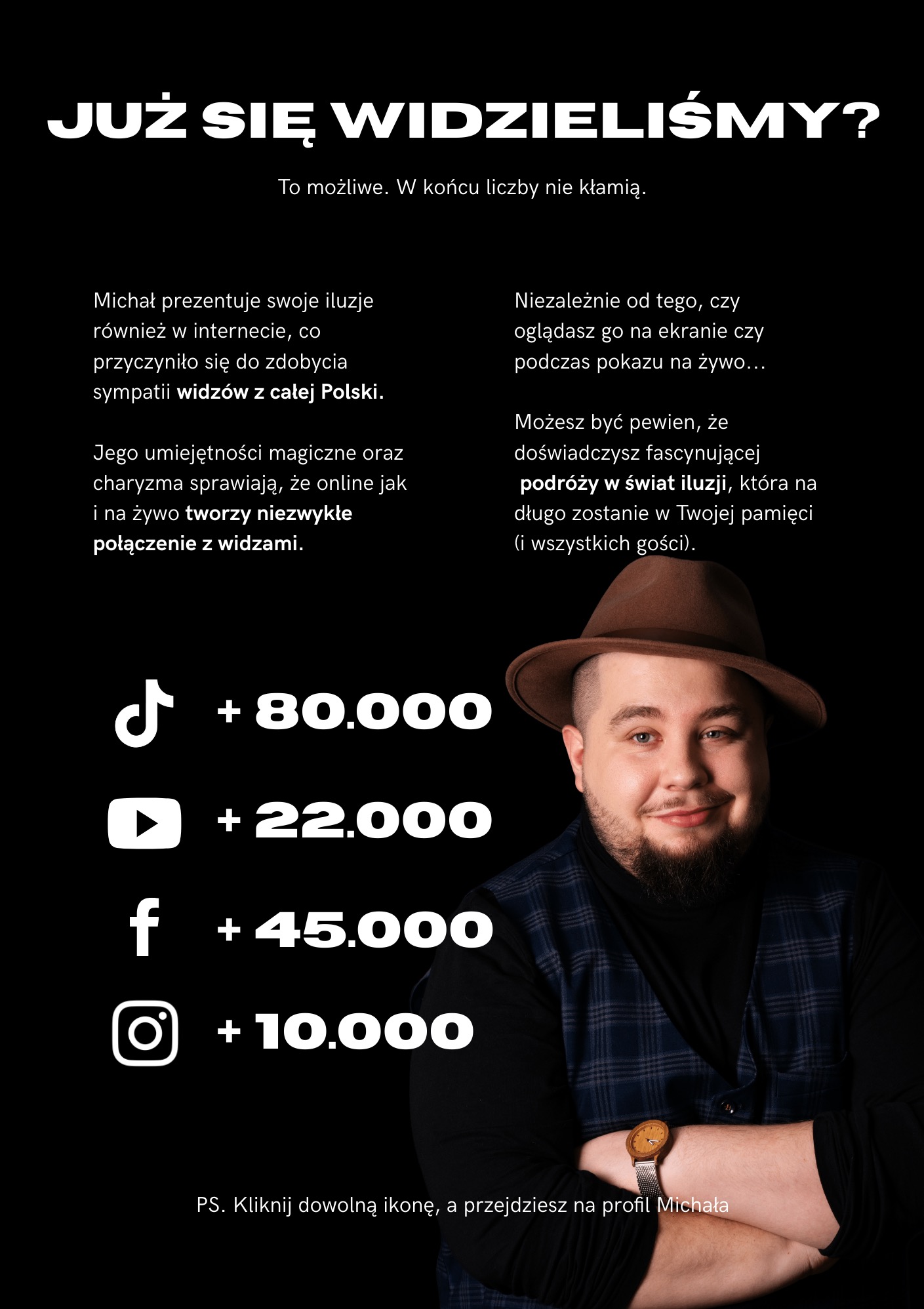 Portret uśmiechniętego mężczyzny w brązowym kapeluszu, prezentującego swoje umiejętności iluzjonistyczne online i na żywo, z widocznymi ikonami mediów społecznościowych i liczbą obserwujących.