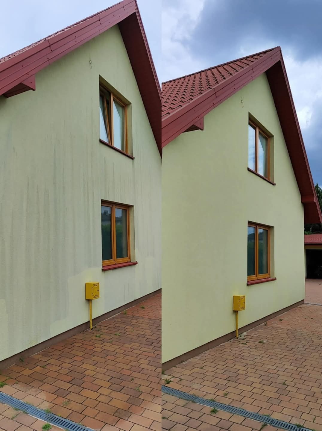 Porównanie elewacji domu przed i po czyszczeniu: po lewej stronie widoczne zabrudzenia, po prawej czysta, odświeżona ściana. Żółta skrzynka gazowa przy ścianie. Czerwona dachówka.