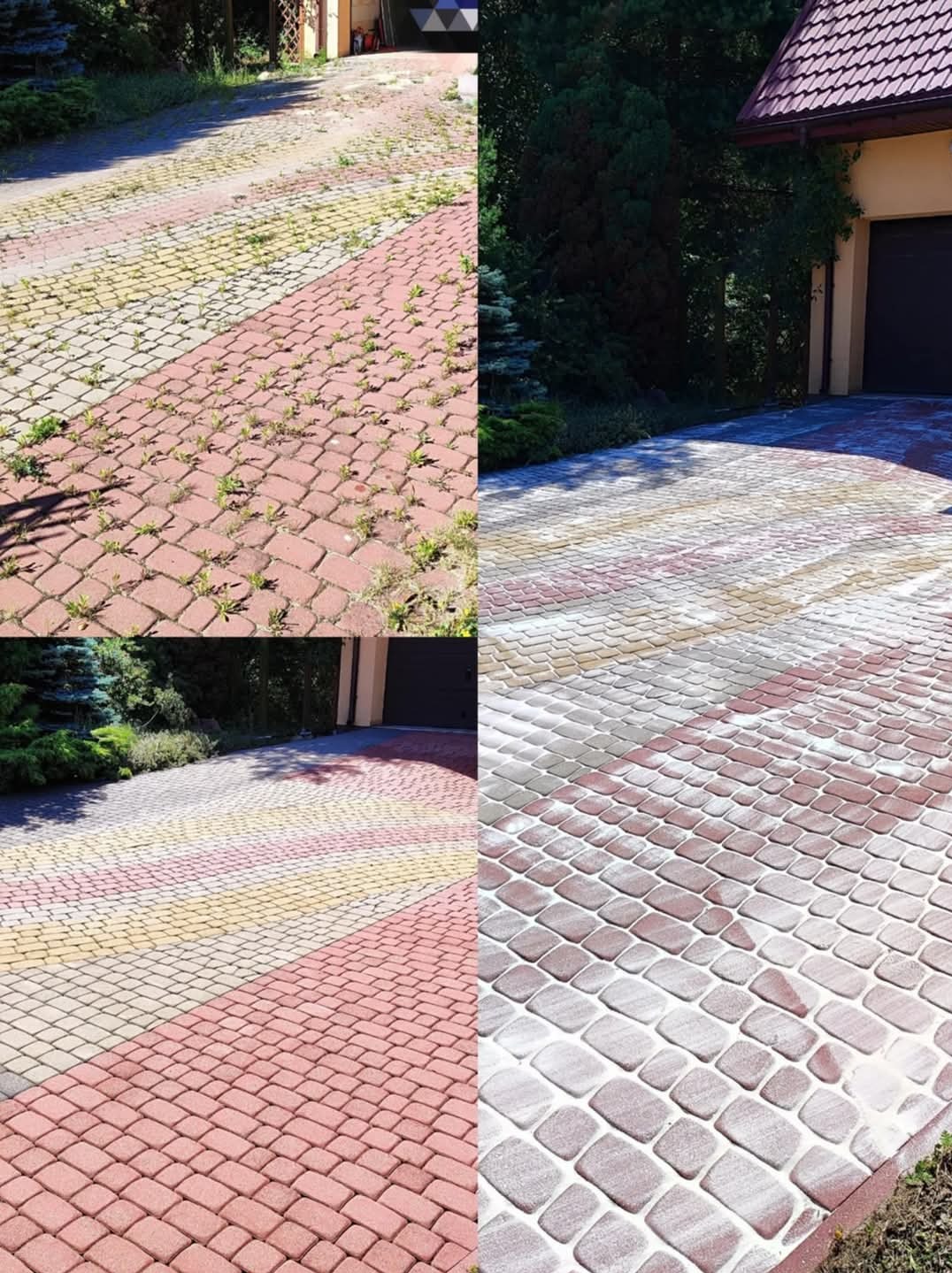 Porównanie stanu kostki brukowej przed i po czyszczeniu: zarośnięta chwastami kontra świeżo umyta, z widoczną różnicą w kolorze i brakiem roślinności.