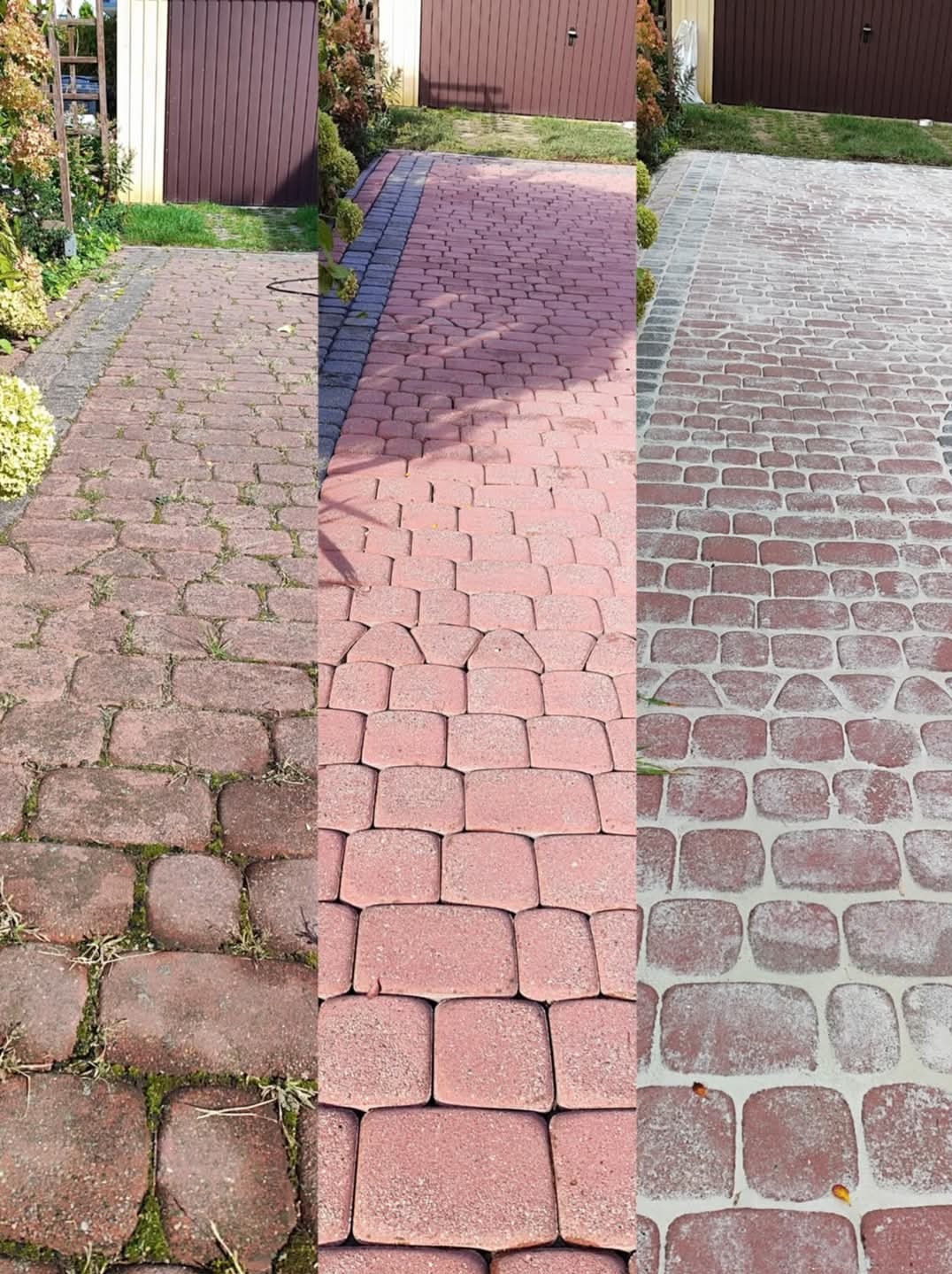 Porównanie stanu kostki brukowej przed, w trakcie i po czyszczeniu: widoczne różnice w kolorze i usunięcie zabrudzeń oraz mchu.