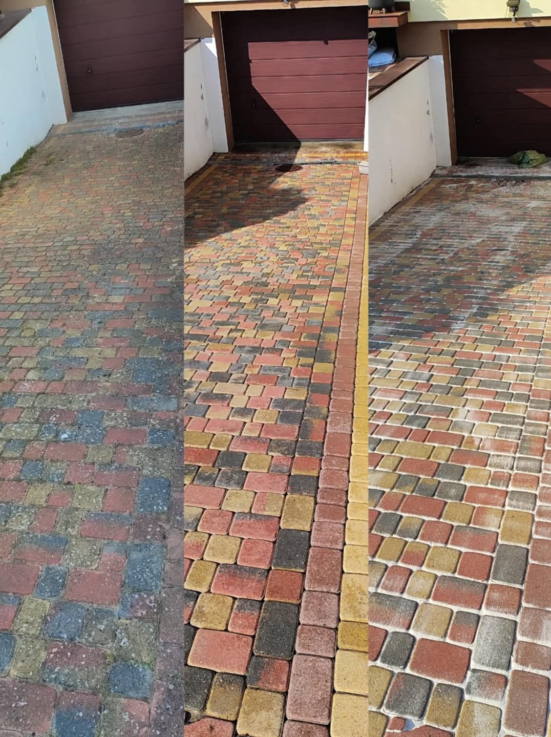 Porównanie stanu kostki brukowej przed i po czyszczeniu, widoczne różnice w kolorze i usuniętych zabrudzeniach na podjeździe przed garażem.