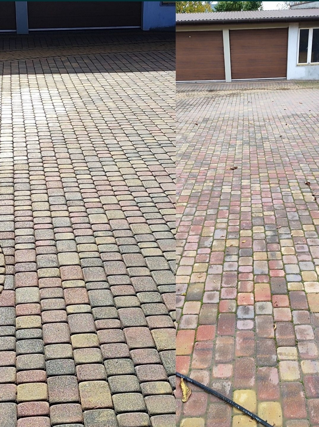 Porównanie kostki brukowej przed i po umyciu, widoczna różnica w kolorze i czystości, zarys garażu w tle.