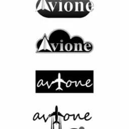 Cztery wersje logo 'Avione' z motywami lotniczymi: papierowy samolot na chmurze, samolot wkomponowany w nazwę, samolot startujący z ziemi.