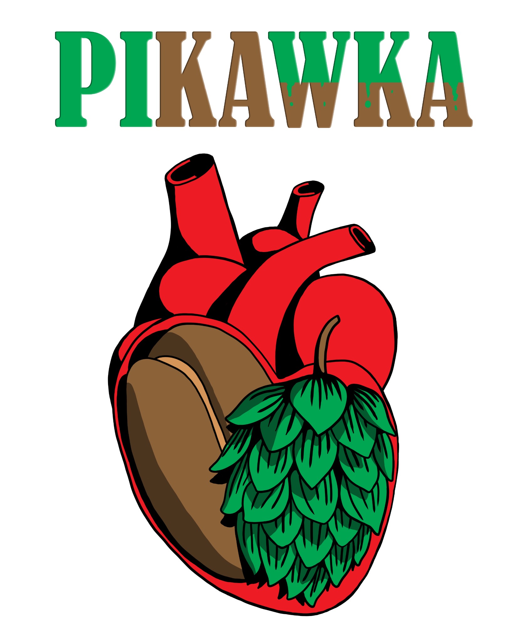 Grafika wektorowa przedstawiająca czerwone serce, w którym zamiast jednej z komór znajduje się ziarno kawy, a zamiast drugiej szyszka chmielu. Nad sercem widnieje napis 'PIKAWKA' w kolorach...