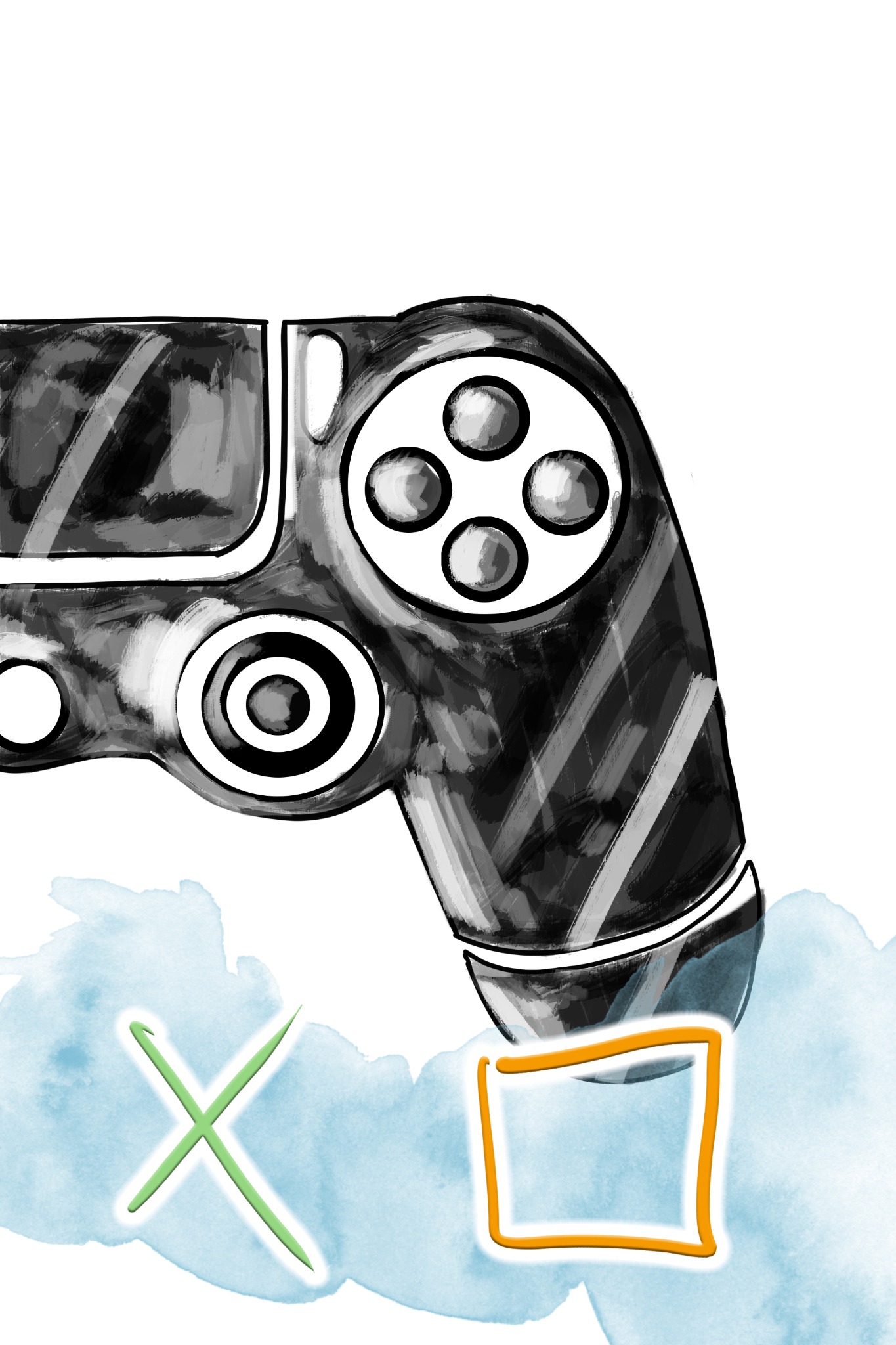 Ilustracja kontrolera do gier w stylu akwareli, z zielonym krzyżykiem i pomarańczowym kwadratem na tle błękitnych plam.