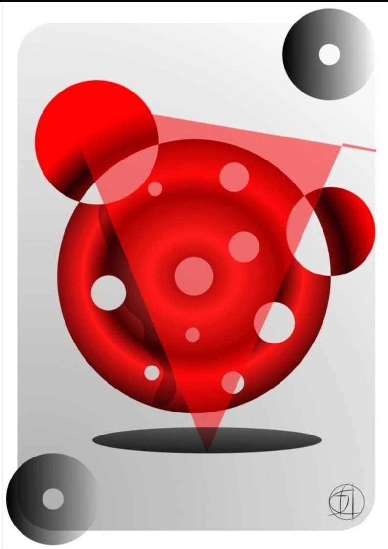 Abstrakcyjna grafika wektorowa z czerwonym okręgiem z białymi punktami, częściowo przesłoniętym przez przezroczysty czerwony trójkąt, na szarym tle z dwoma czarnymi okręgami z białymi środkami.