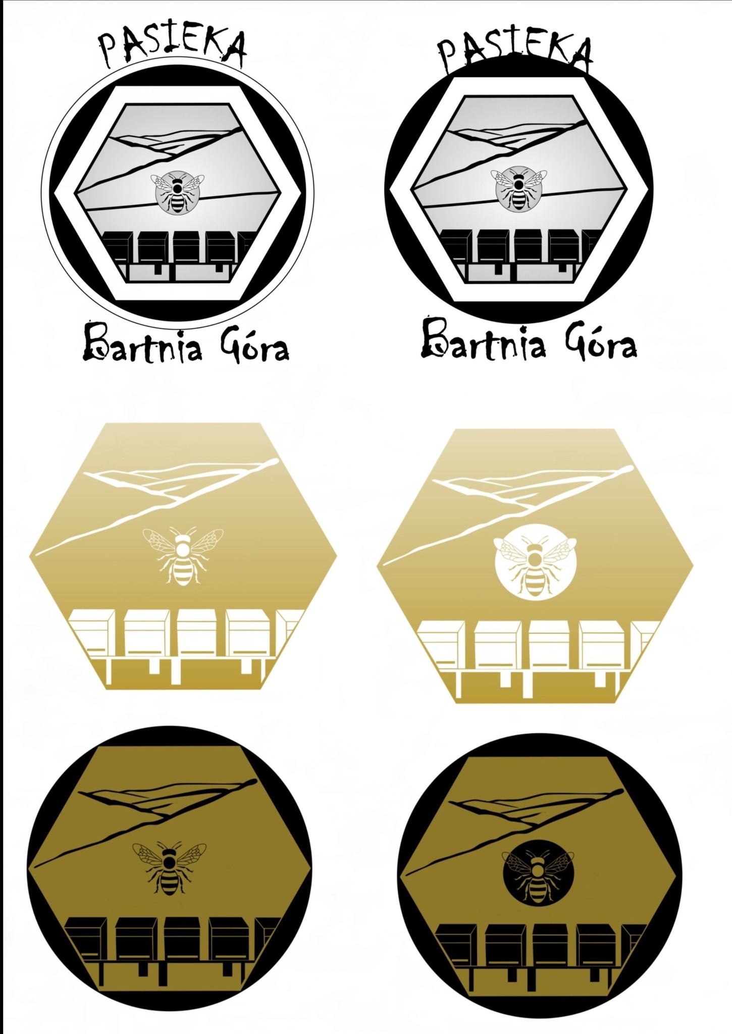 Kompilacja wariantów logo pasieki Bartnia Góra: czarno-białe, złote, heksagonalne obramowanie, ule, stylizowana pszczoła i krajobraz.