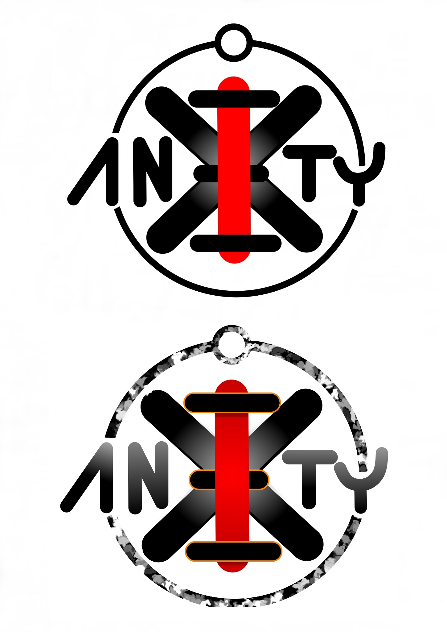 Dwa warianty logo z napisem 'ANXTY' w okręgach, z czerwonym pionowym paskiem i czarnymi ukośnymi belkami, jeden z czarnym okręgiem, drugi z okręgiem w kamuflażu.
