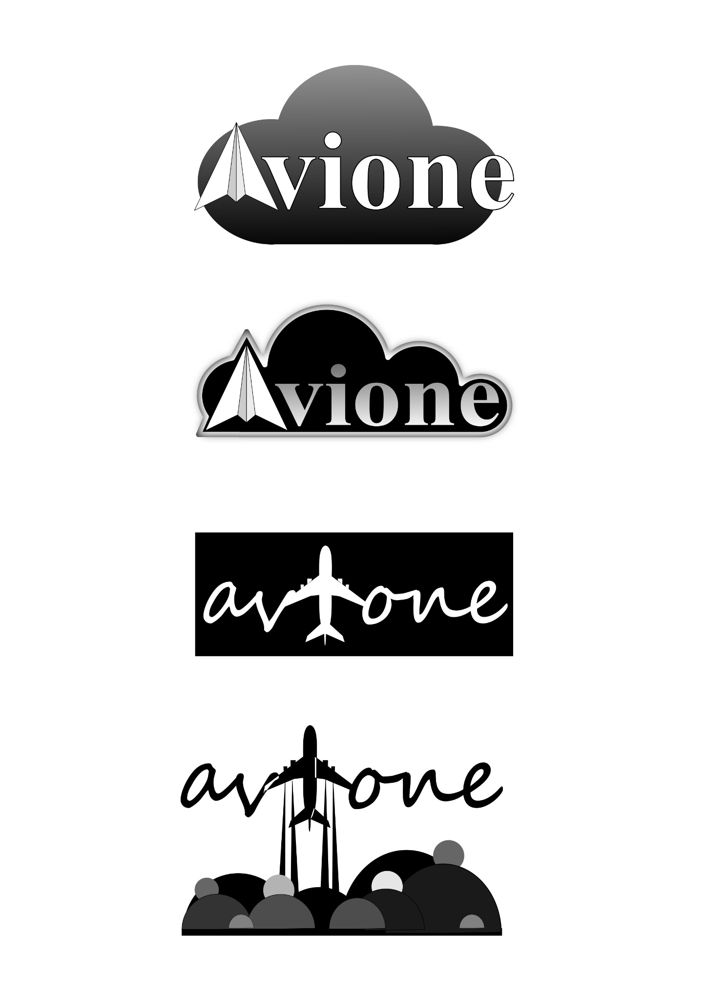 Cztery wersje logo 'Avione' z motywami lotniczymi: papierowy samolot na chmurze, samolot wkomponowany w nazwę, samolot startujący z ziemi.