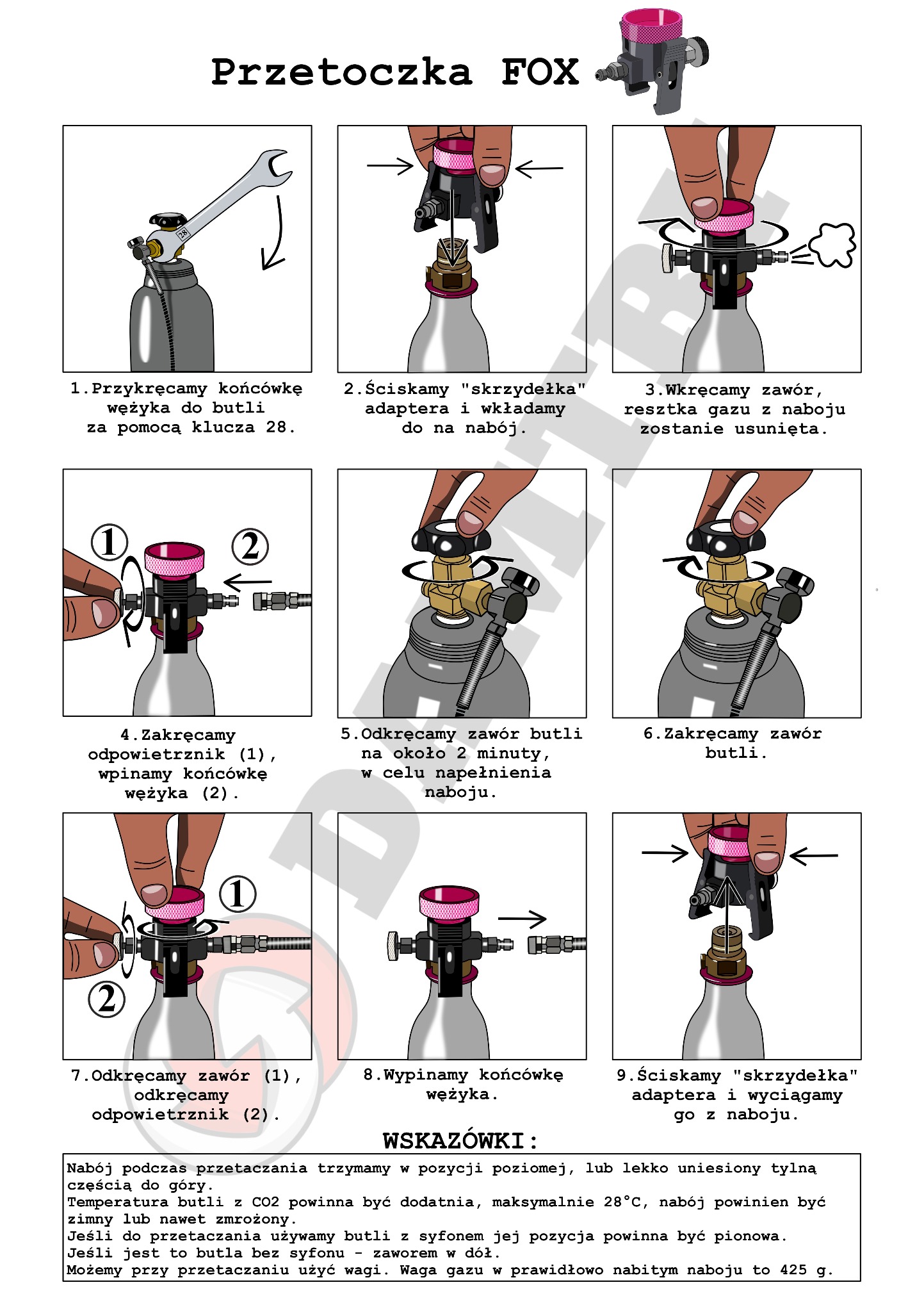Ilustrowana instrukcja krok po kroku przedstawiająca proces napełniania naboju CO2 za pomocą przetoczki FOX, z numerowanymi etapami i krótkimi opisami.