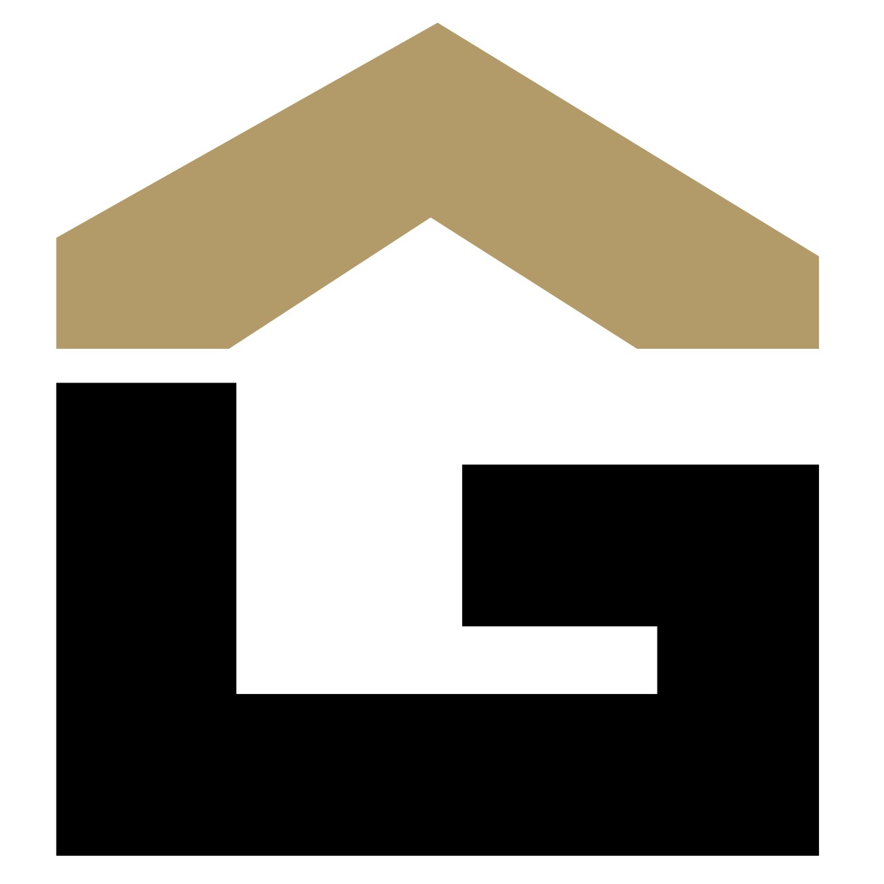 Abstrakcyjne logo firmy budowlanej z motywem domu, w kolorach czarnym, białym i złotym.