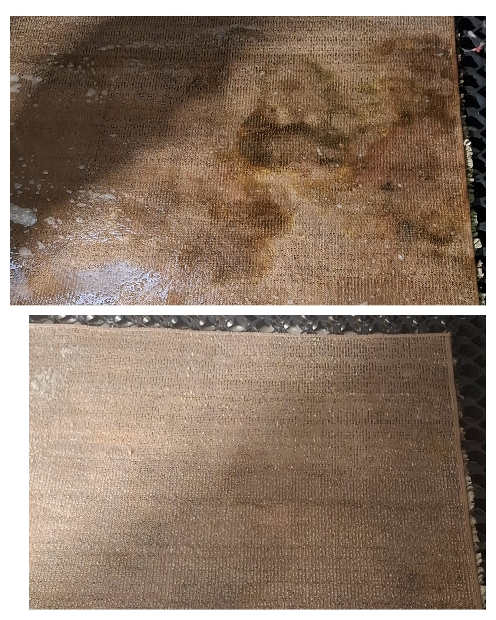 Dwa ujęcia tego samego brązowego dywanu: górne pokazuje dywan z widocznymi plamami i resztkami środka czyszczącego, dolne ujęcie prezentuje ten sam dywan po czyszczeniu, z widocznym efektem...