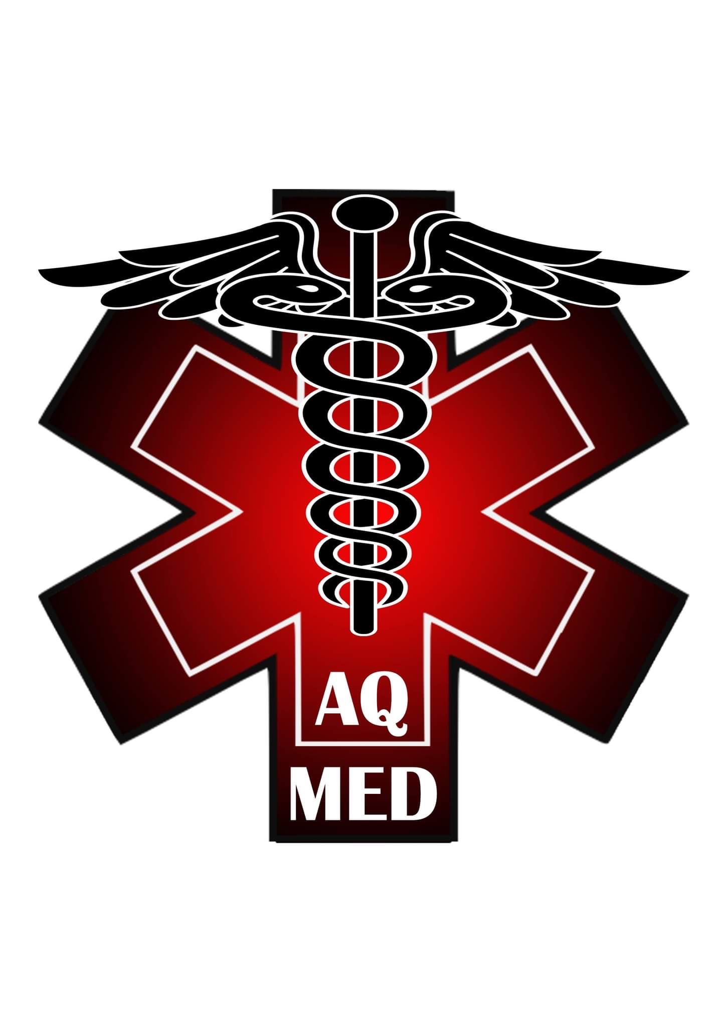 Grafika z symbolem Eskulapa na czerwonym tle gwiazdy życia i napisem AQ MED, reprezentująca usługi medyczne lub szkolenia z zakresu pierwszej pomocy.