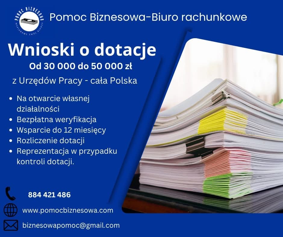 Wniosek o dotacje z Urzędu Pracy: stos dokumentów z kolorowymi przekładkami. Informacje o wsparciu finansowym i kontakcie. Pomoc Biznesowa - Biuro Rachunkowe.