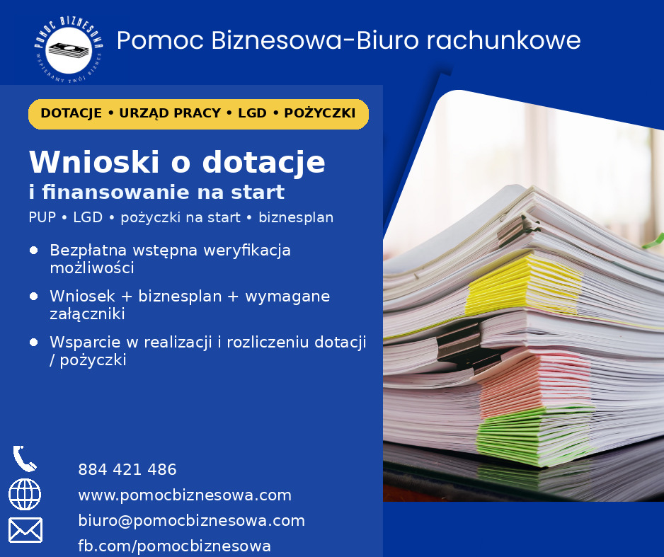 Wnioski o dotacje i finansowanie na start. Stos dokumentów z kolorowymi zakładkami. PUP, LGD, pożyczki na start, biznesplan. Pomoc Biznesowa-Biuro rachunkowe.
