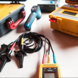 Żółty miernik faz z przewodami zakończonymi krokodylkami, obok skrzynki na narzędzia i termometru bezdotykowego.