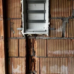 Biała, pusta skrzynka elektryczna zamontowana na ceglanej ścianie z widocznymi śladami wykuwania pod instalację. Widoczne mocowania i pianka montażowa.