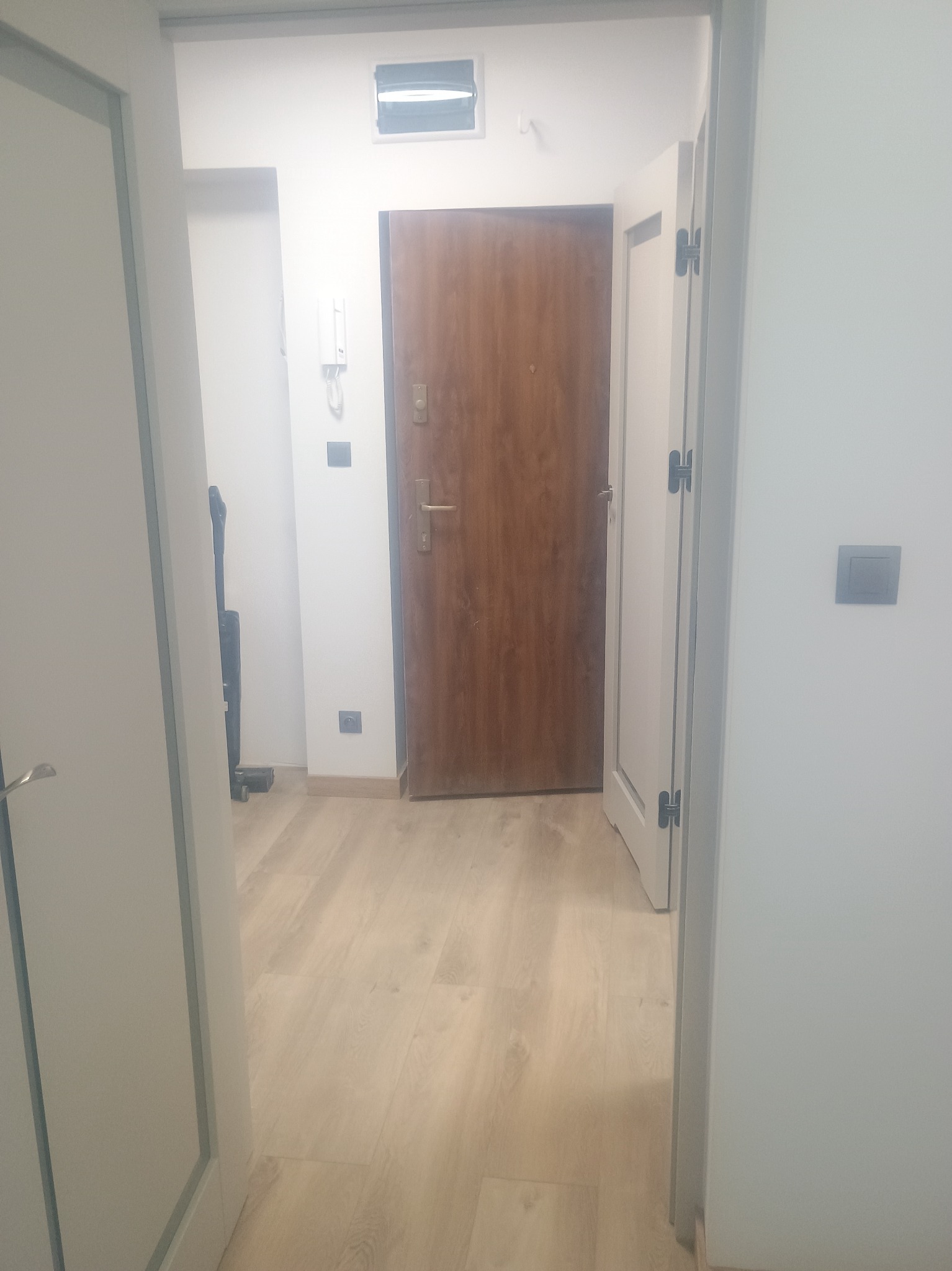 Jasne panele podłogowe w przedpokoju z brązowymi drzwiami wejściowymi i białymi drzwiami wewnętrznymi. Widoczny fragment odkurzacza pionowego.