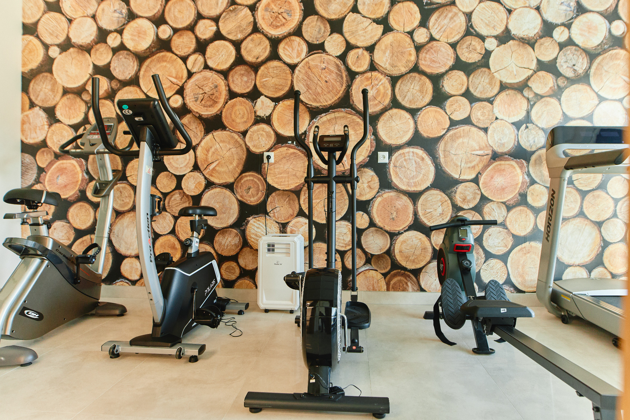 Siłownia domowa z różnymi urządzeniami do ćwiczeń: rowerki stacjonarne, orbitrek, wioślarz i bieżnia na tle ściany z fototapetą przedstawiającą przekroje pni drzew.