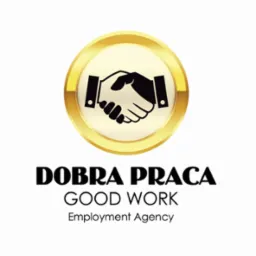 Logo firmy rekrutacyjnej: Złota ikona uścisku dłoni nad napisem 'DOBRA PRACA GOOD WORK Employment Agency'.