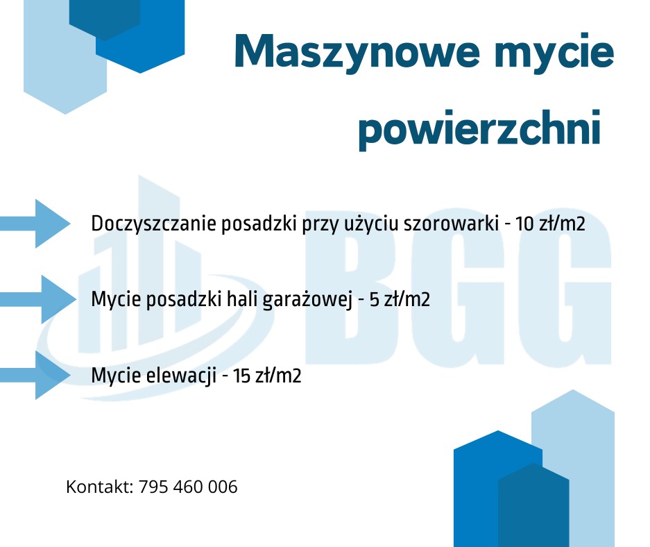 Grafika reklamowa z informacją o maszynowym myciu powierzchni, w tym doczyszczaniu posadzki szorowarką, myciu posadzki hali garażowej i myciu elewacji wraz z cenami za metr kwadratowy oraz numerem...