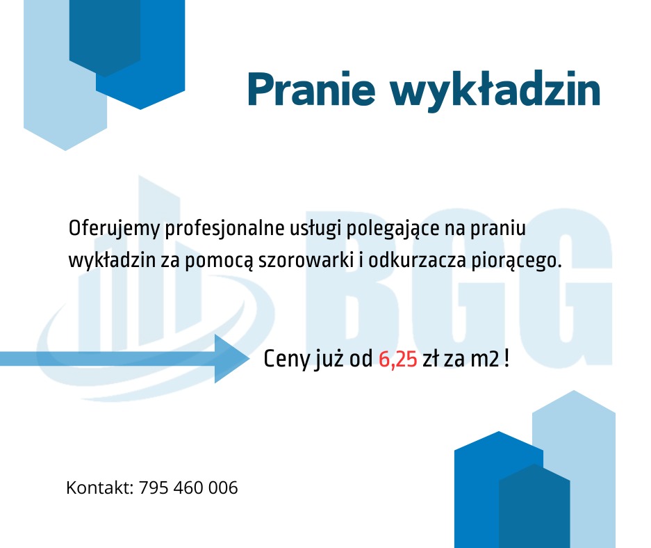 Grafika reklamowa z tekstem 'Pranie wykładzin', informacją o profesjonalnych usługach prania wykładzin szorowarką i odkurzaczem piorącym oraz ceną od 6,25 zł za m2 i numerem kontaktowym.