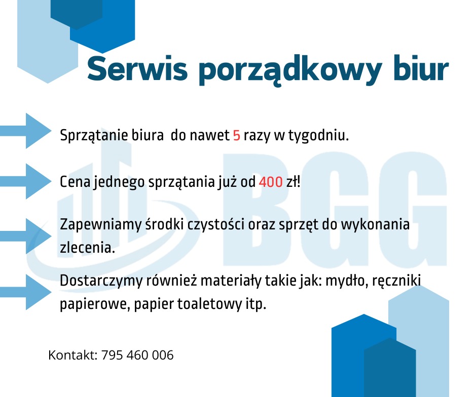 Grafika reklamowa serwisu porządkowego biur z informacją o częstotliwości sprzątania, cenie od 400 zł oraz zapewnieniu środków czystości i materiałów higienicznych, numer kontaktowy.