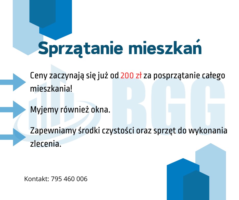 Grafika reklamowa z tekstem 'Sprzątanie mieszkań', informacją o cenie od 200 zł, myciu okien, zapewnieniu środków czystości i sprzętu, oraz numerem telefonu kontaktowego, ozdobiona niebieskimi...